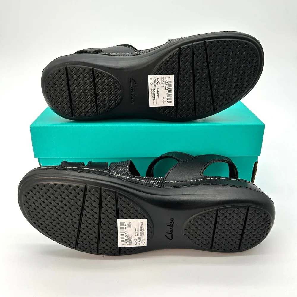Womens Sandals Clarks Cecily Mix Size 6.5 Wide Black Leather Strappy Comfort NEW